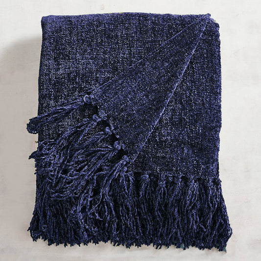 Acrylic Chenille Tassel Knitted Blanket Bed Sofa Throw Rug 150 x 200 cm (Blue) - STripleB