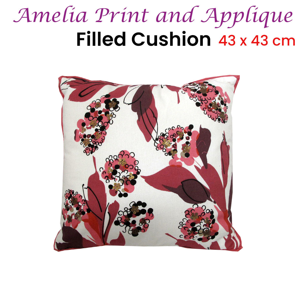Amelia Applique - Pink Filled Cushion - 43 x 43 cm - STripleB