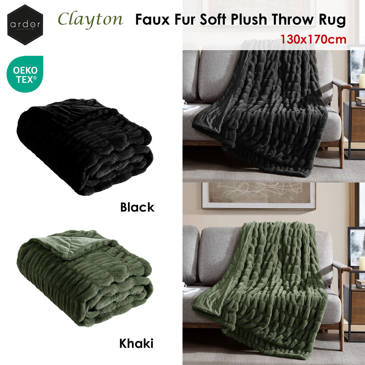 Ardor Clayton Faux Fur Soft Plush Throw Rug 130x170cm - Black - STripleB