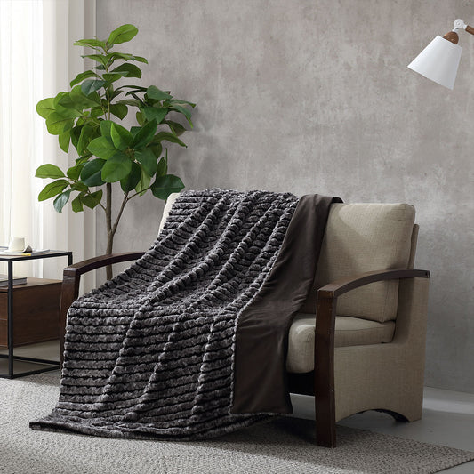Ardor Cole Ash Striped Faux Fur Soft Plush Throw Rug 130x170cm - STripleB