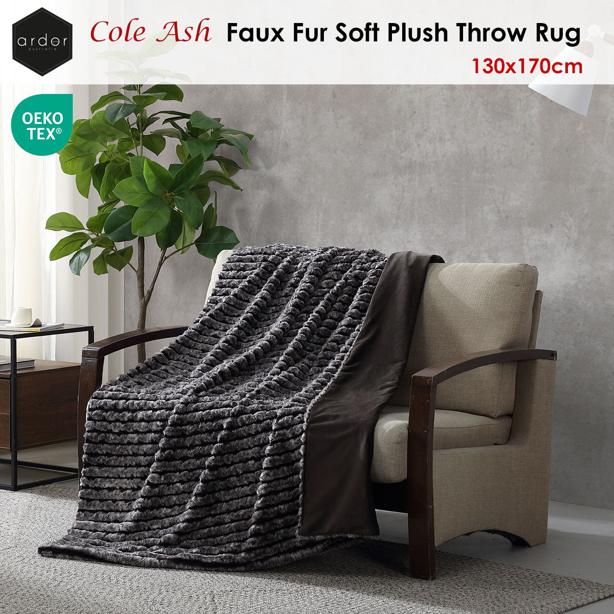 Ardor Cole Ash Striped Faux Fur Soft Plush Throw Rug 130x170cm - STripleB