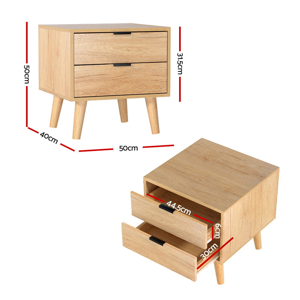 Artiss - Bedside Table 2 Drawers - Pine - dimensions - STripleB