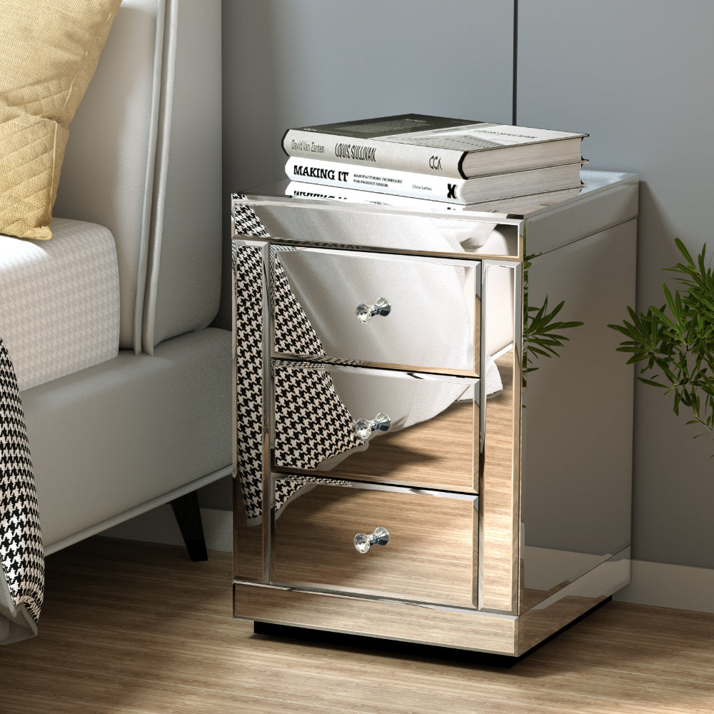 Artiss Bedside Table 3 Drawers Mirrored - PRESIA Silver - STripleB 