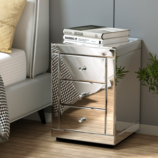 Artiss Bedside Table 3 Drawers Mirrored - PRESIA Silver - STripleB 