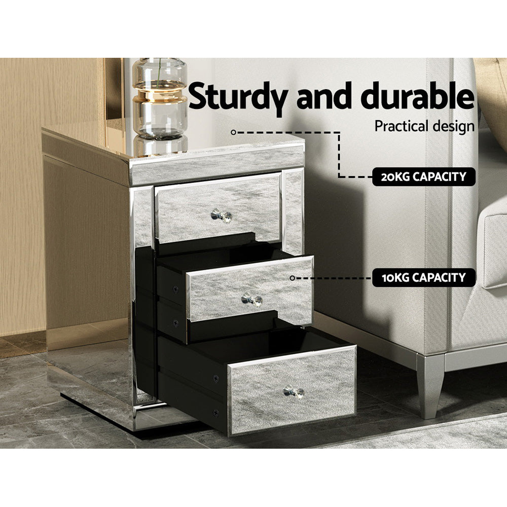 Artiss Bedside Table 3 Drawers Mirrored - PRESIA Silver - STripleB 