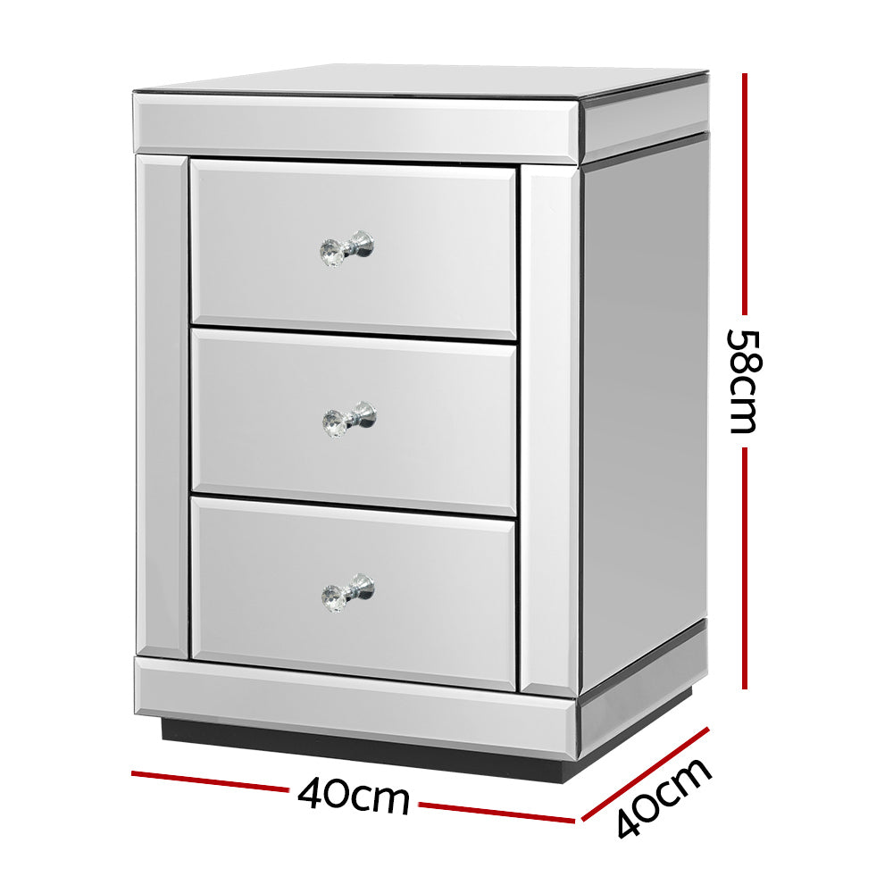 Artiss Bedside Table 3 Drawers Mirrored - PRESIA Silver - STripleB 