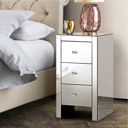 Artiss Bedside Table 3 Drawers Mirrored - QUENN Silver - STripleB 
