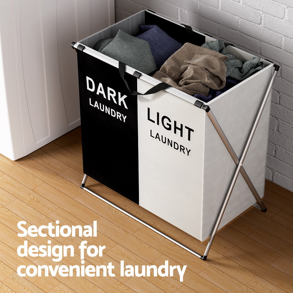 Artiss Laundry Basket Hamper Large Foldable Washing Clothes Storage 2 Sections - STripleB