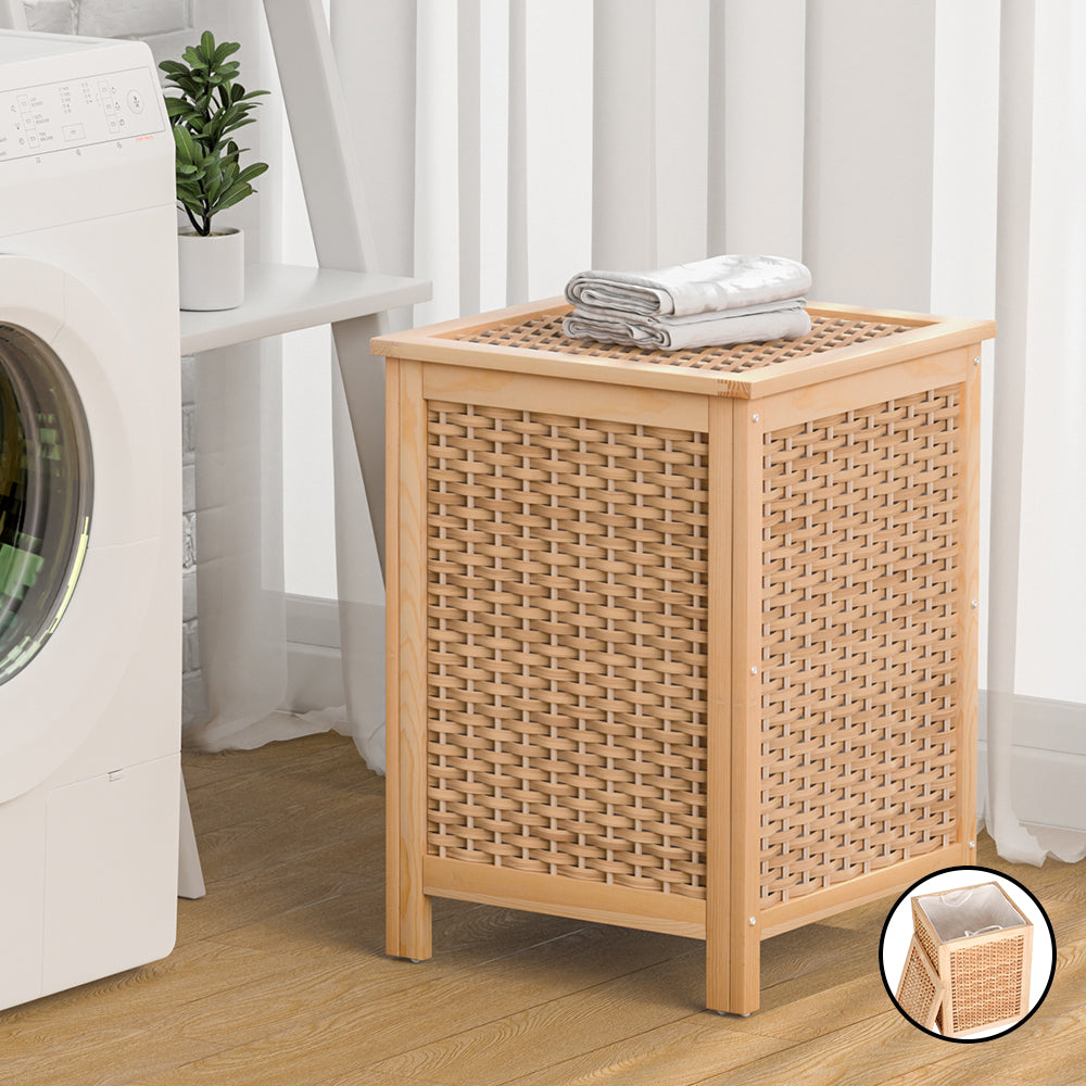 Artiss Laundry Hamper Bathroom Storage Cabinet Wooden Organiser Bag Clothes - STripleB