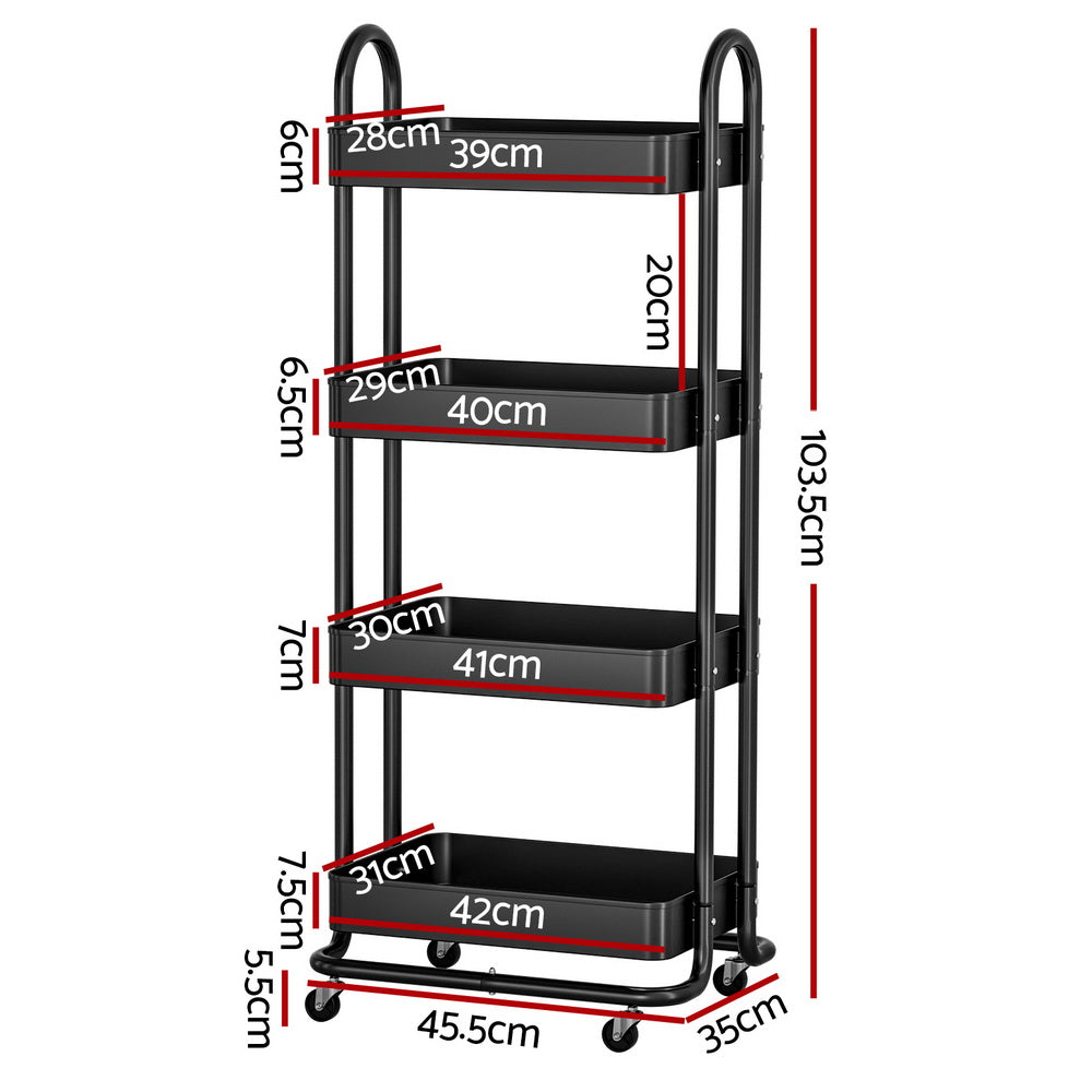 Artiss Storage Trolley Kitchen Cart 4 Tiers Black - StripleB