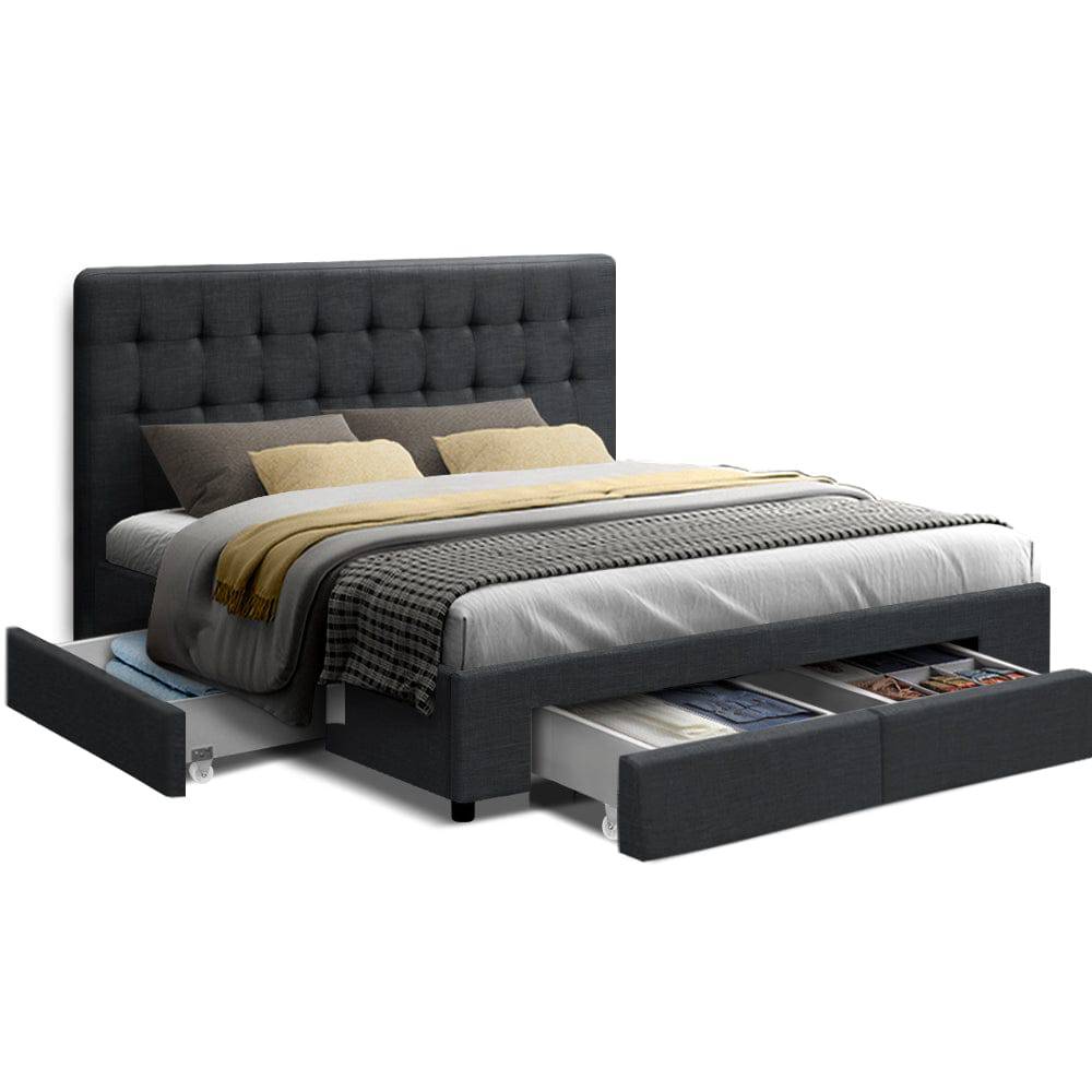 Double - Bed Frame with 4 Drawers - Grey - STripleB 