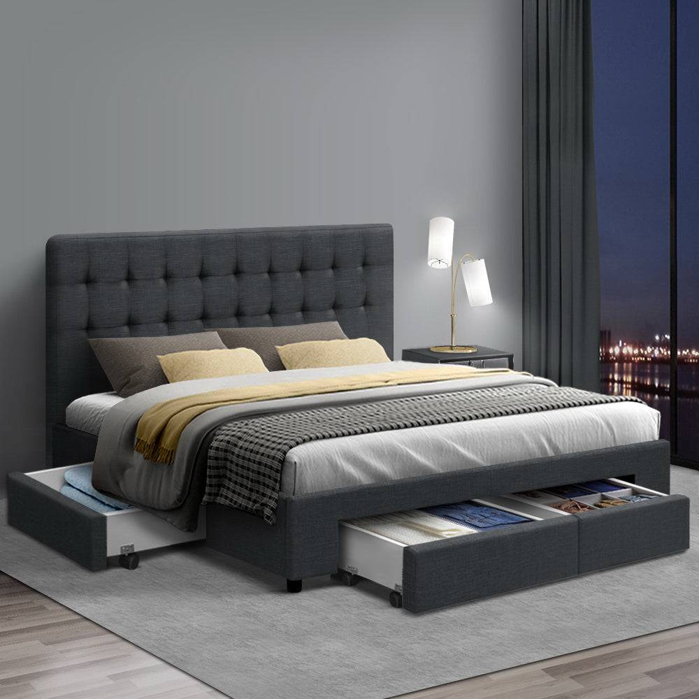 Double - Bed Frame with 4 Drawers - Grey - STripleB 