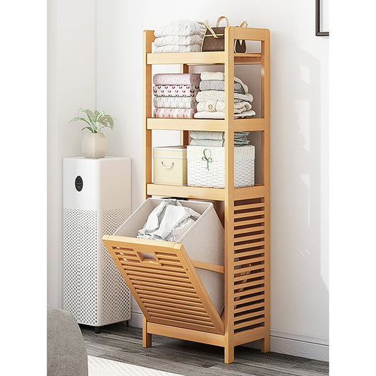 Bamboo 2-in-1 Laundry Hamper Side Table with 2 Shelves and Clothes Basket - STripleB