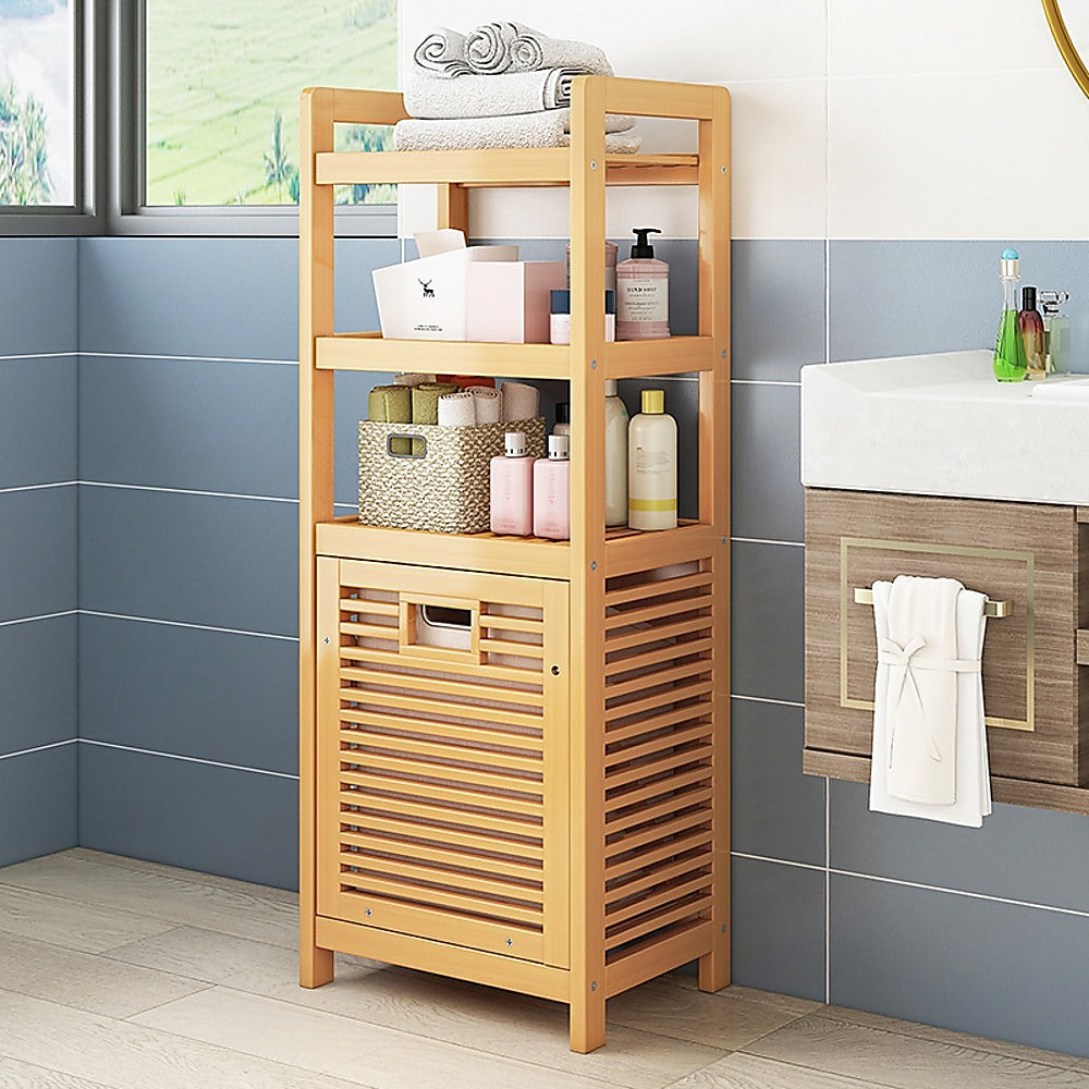 Bamboo 2-in-1 Laundry Hamper Side Table with 2 Shelves and Clothes Basket - STripleB