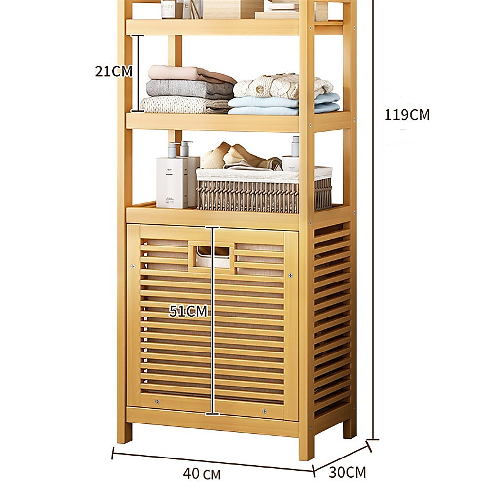 Bamboo 2-in-1 Laundry Hamper Side Table with 2 Shelves and Clothes Basket - STripleB