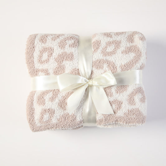 Beige Luxurious Leopard Print Knit Throw Blanket - Ultra-Soft Jacquard Plush for Sofa, Bed & Cozy Comfort (130x150cm) - STripleB