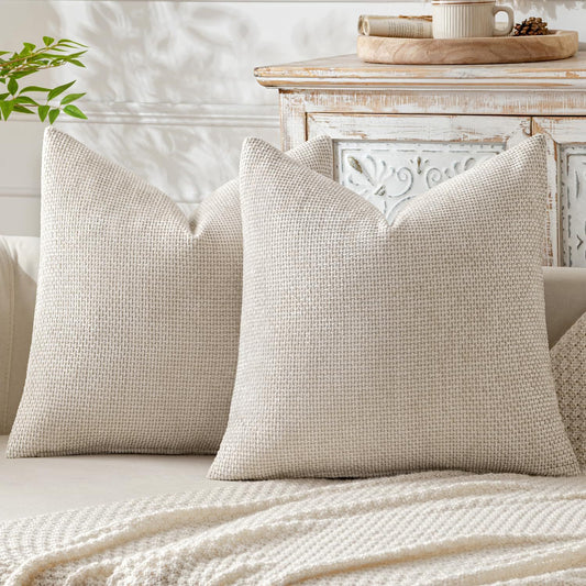 Beige Plush Chenille Cushion Covers Set of 2 - Soft Textured Decorative Throw Pillow Cases for Sofa Couch, 45x45cm - STripleB 