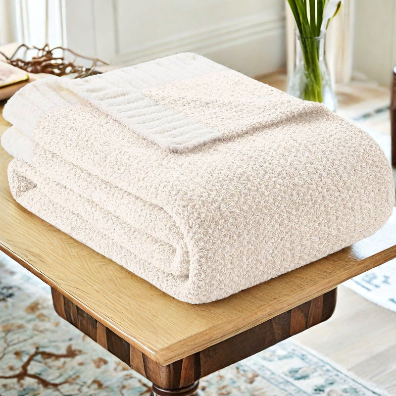 Beige and White Plush Chenille-Knit Throw Blanket - Soft Cozy Polyester for Bed & Sofa | Textured Two-Tone Design (127x153cm) - STripleB 