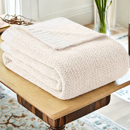 Beige and White Plush Chenille-Knit Throw Blanket - Soft Cozy Polyester for Bed & Sofa | Textured Two-Tone Design (127x153cm) - STripleB 