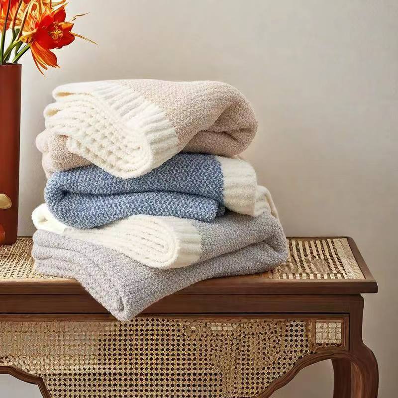 Beige and White Plush Chenille-Knit Throw Blanket - Soft Cozy Polyester for Bed & Sofa | Textured Two-Tone Design (127x153cm) - STripleB 