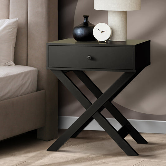 Bedside Table with Wooden Frame Cross Base Black - STripleB
