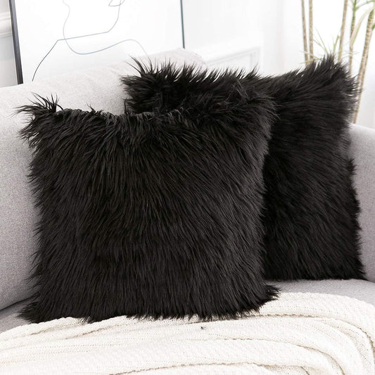 Black Luxurious Long Faux Fur Cushion Covers - Set of 2, 45x45cm Soft Plush Decorative Pillowcases for Sofa & Bed - STripleB