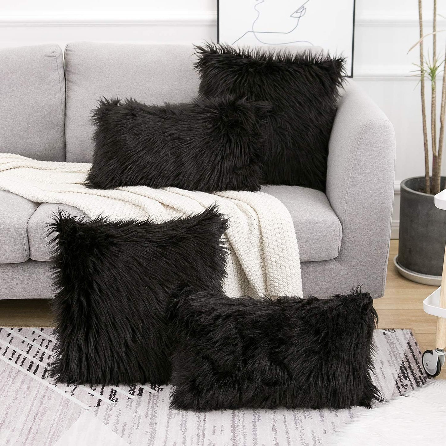Black Luxurious Long Faux Fur Cushion Covers - Set of 2, 45x45cm Soft Plush Decorative Pillowcases for Sofa & Bed - STripleB