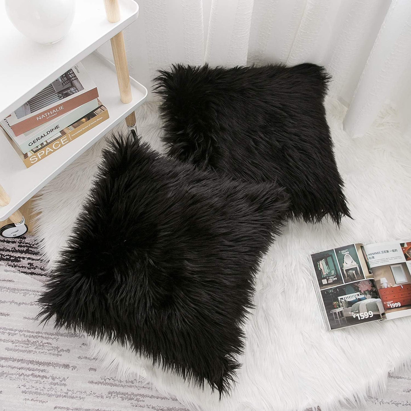 Black Luxurious Long Faux Fur Cushion Covers - Set of 2, 45x45cm Soft Plush Decorative Pillowcases for Sofa & Bed - STripleB
