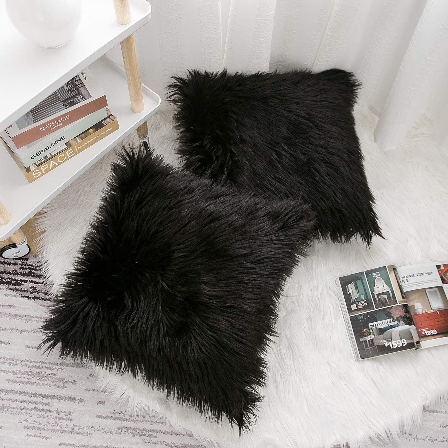 Black Luxurious Long Faux Fur Cushion Covers - Set of 2, 45x45cm Soft Plush Decorative Pillowcases for Sofa & Bed - STripleB