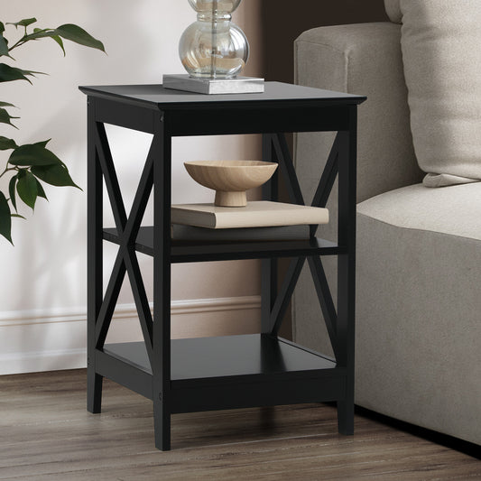 Black Side Table with 3 Tier Shelf and X Structured Sides - STripleB