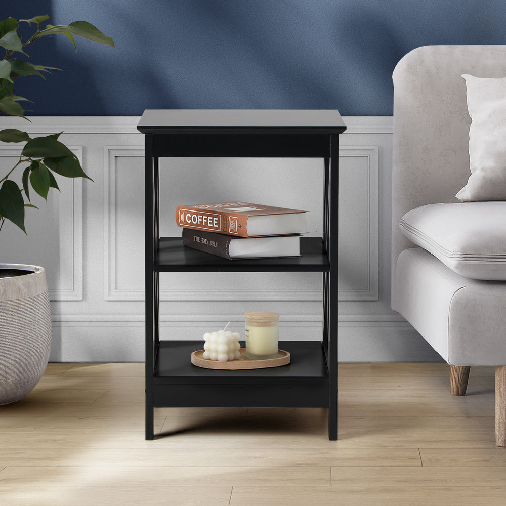 Black Side Table with 3 Tier Shelf and X Structured Sides - STripleB