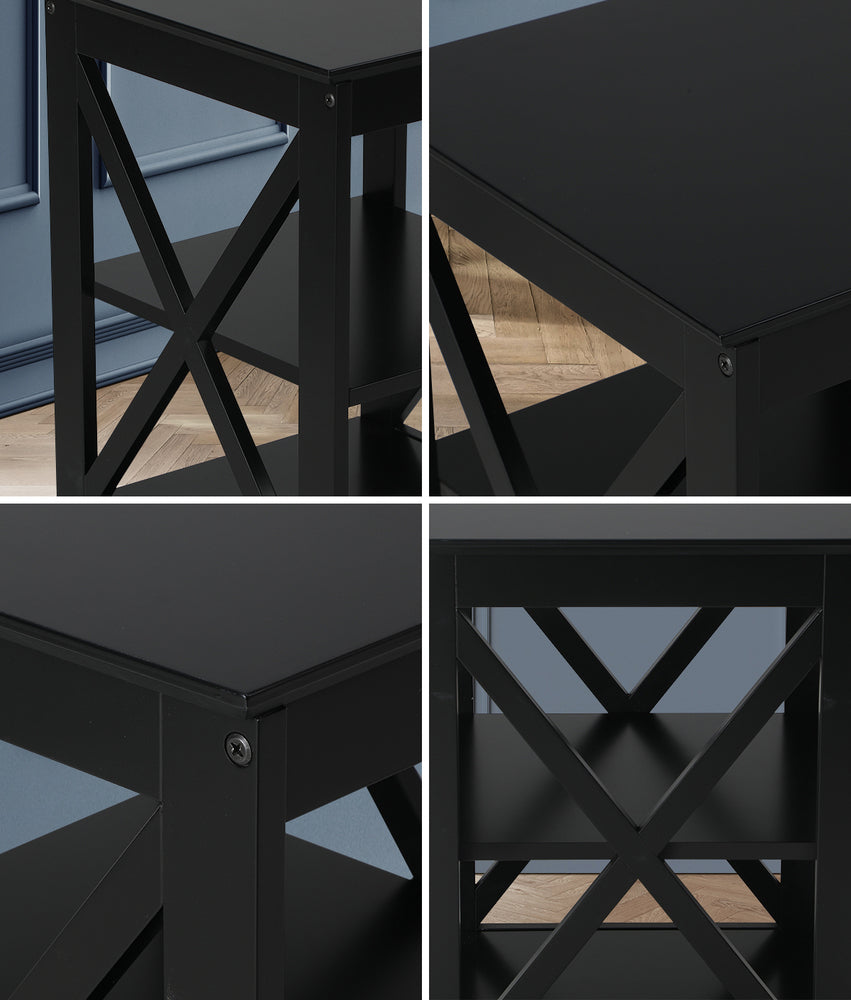 Black Side Table with 3 Tier Shelf and X Structured Sides - STripleB