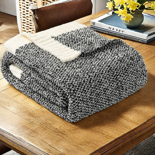 Black and White Plush Chenille-Knit Throw Blanket - Soft Cozy Polyester for Bed & Sofa | Textured Two-Tone Design (127x153cm) - STripleB 