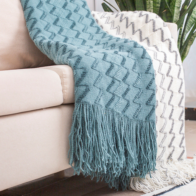 Blue - Modern Knitted Throw Blanket with Tassels - 130*180CM - STripleB