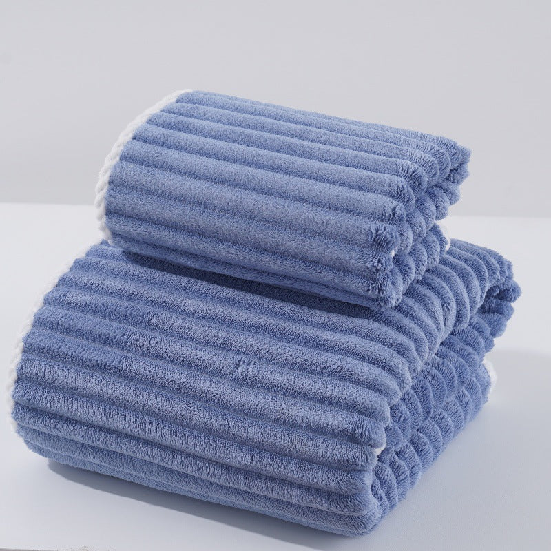 Blue - Soft Candy Stripe Coral Fleece Bath Towel and Washcloth Set - STripleB