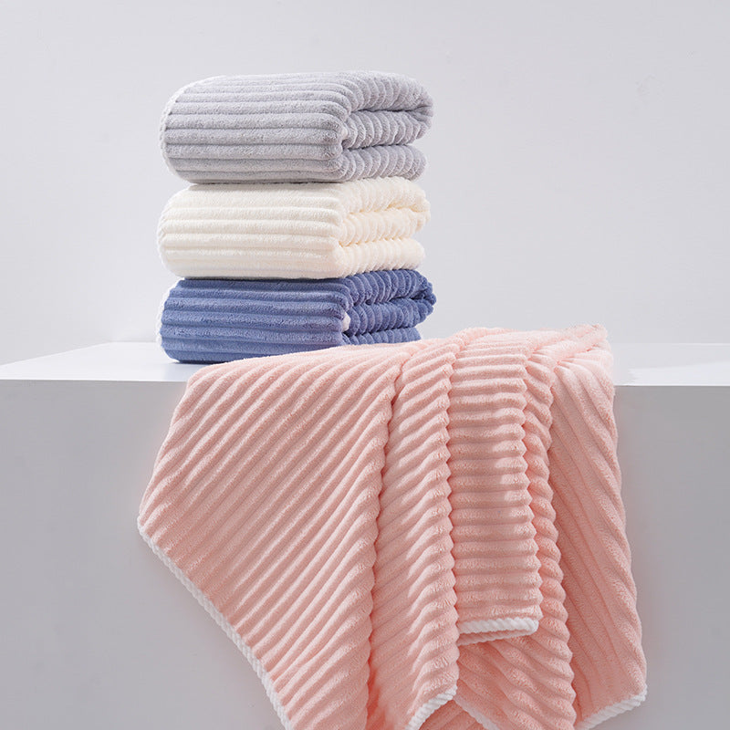 Blue - Soft Candy Stripe Coral Fleece Bath Towel and Washcloth Set - STripleB