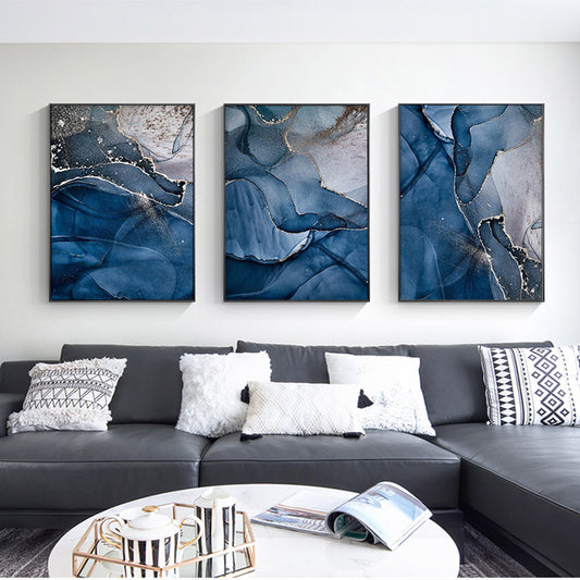 Blue Gold Marble 3 Sets Black Frame Canvas - 70cmx100cm - STripleB