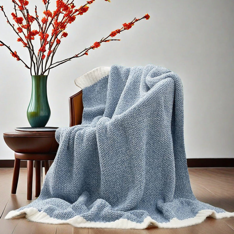 Blue and White Plush Chenille-Knit Throw Blanket - Soft Cozy Polyester for Bed & Sofa | Textured Two-Tone Design (127x153cm) - STripleB 