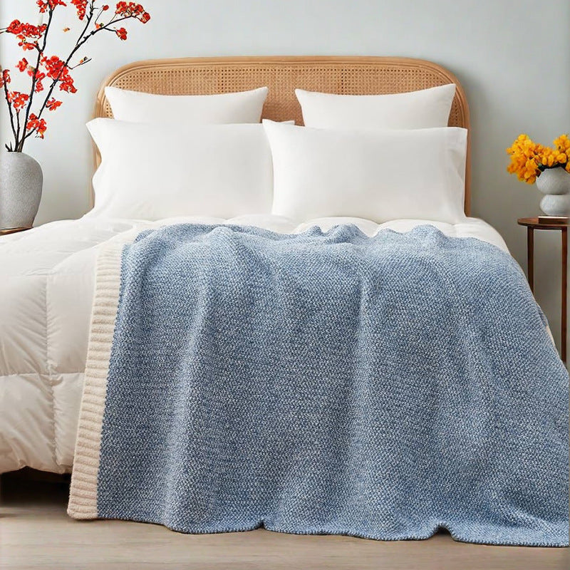 Blue and White Plush Chenille-Knit Throw Blanket - Soft Cozy Polyester for Bed & Sofa | Textured Two-Tone Design (127x153cm) - STripleB 