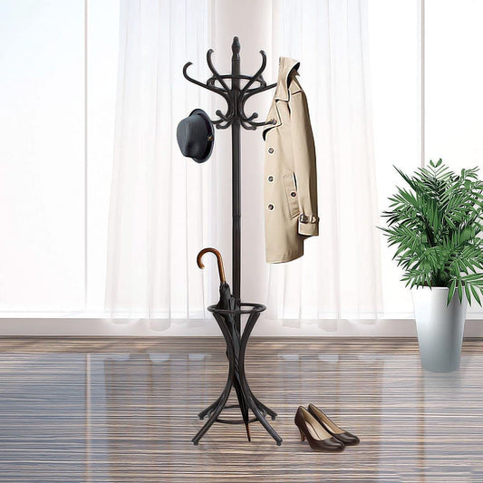 Brown Coat Rack with Stand Wooden Hat and 12 Hooks Hanger Walnut tree - STripleB 