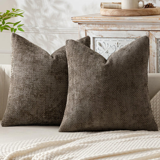Brown Plush Chenille Cushion Covers Set of 2 - Soft Textured Decorative Throw Pillow Cases for Sofa Couch, 45x45cm - STripleB 