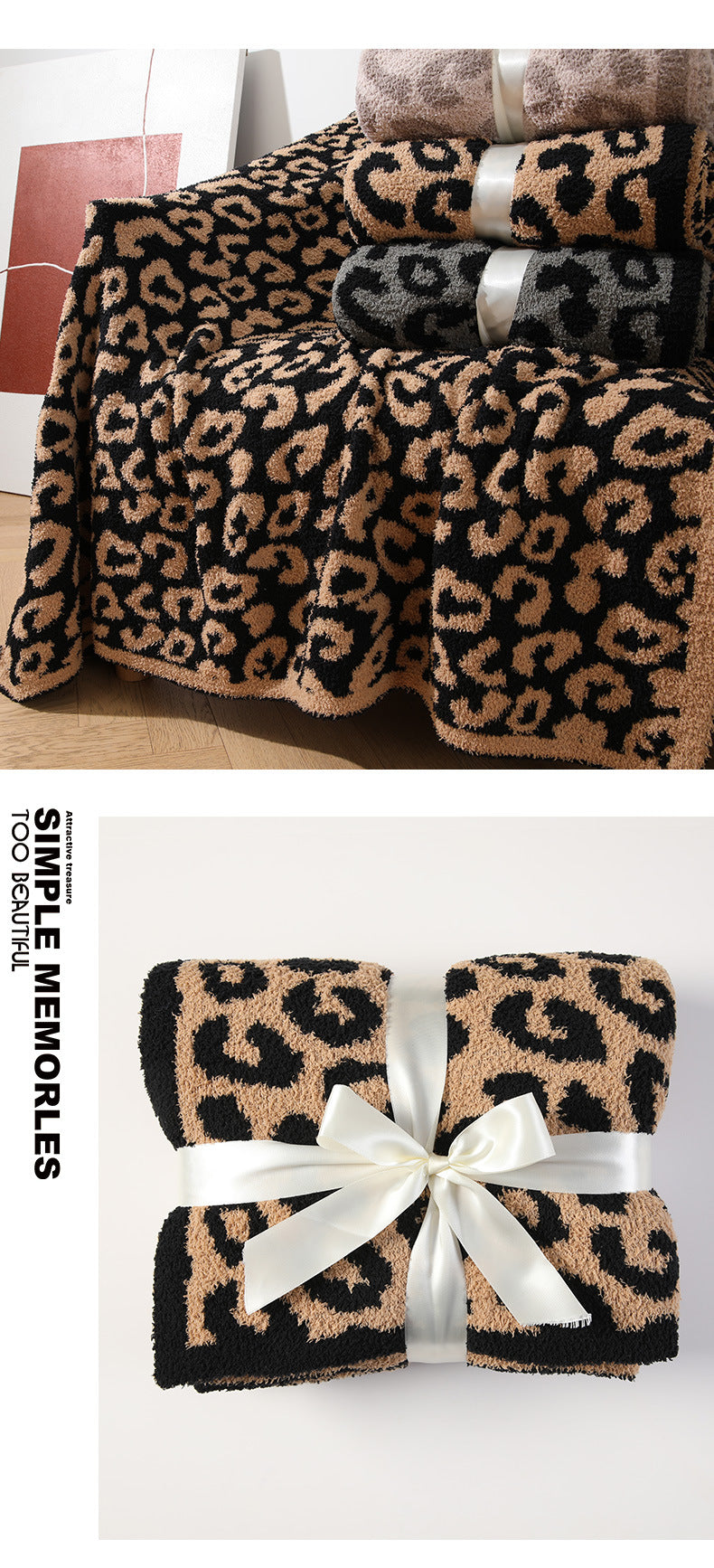 Brown and Black Luxurious Leopard Print Knit Throw Blanket - Ultra-Soft Jacquard Plush for Sofa, Bed & Cozy Comfort (130x150cm) - STripleB