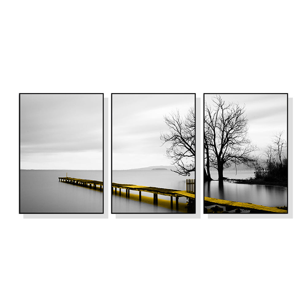 Calm Lake Bridge Tree Scene 3 Sets Black Frame Canvas - 70cmx100cm  - STripleB