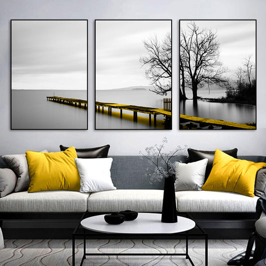 Calm Lake Bridge Tree Scene 3 Sets Black Frame Canvas - 70cmx100cm - STripleB