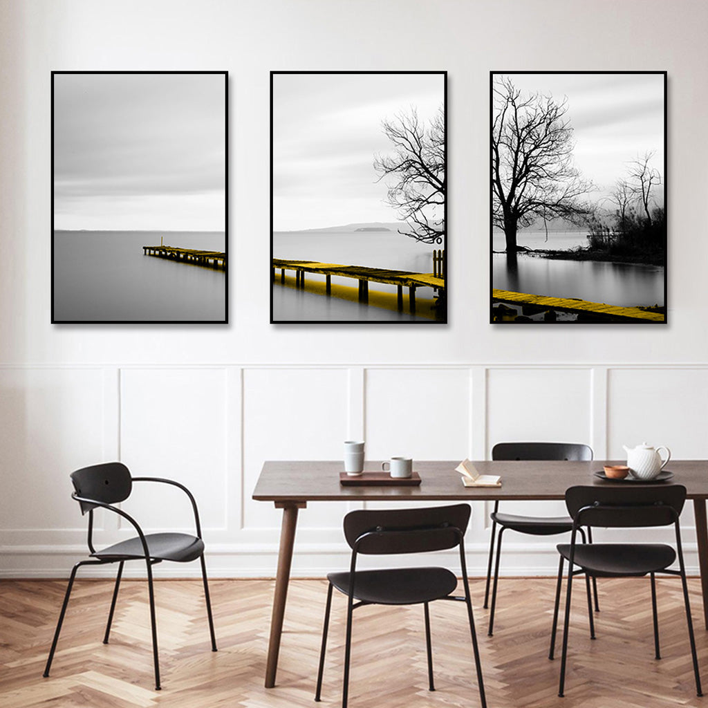 Calm Lake Bridge Tree Scene 3 Sets Black Frame Canvas - 70cmx100cm - STRipleB