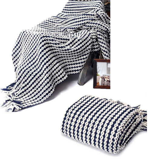 Chains Knitted Throw Rug - Navy and Cream - STripleB