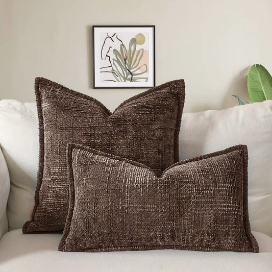 Coffee - Chenille Crosshatch Textured Pillow Covers Set of 2  - STripleB