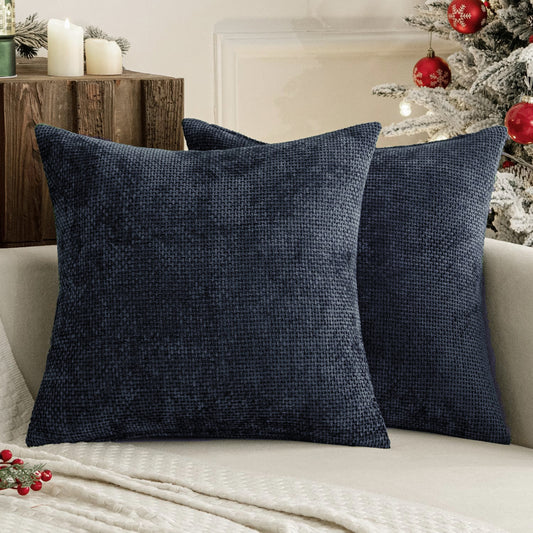 Dark Blue Plush Chenille Cushion Covers Set of 2 - Soft Textured Decorative Throw Pillow Cases for Sofa Couch, 45x45cm - STripleB 