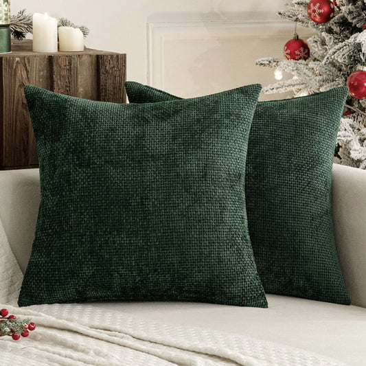 Dark Green Plush Chenille Cushion Covers Set of 2 - Soft Textured Decorative Throw Pillow Cases for Sofa Couch, 45x45cm - STripleB 