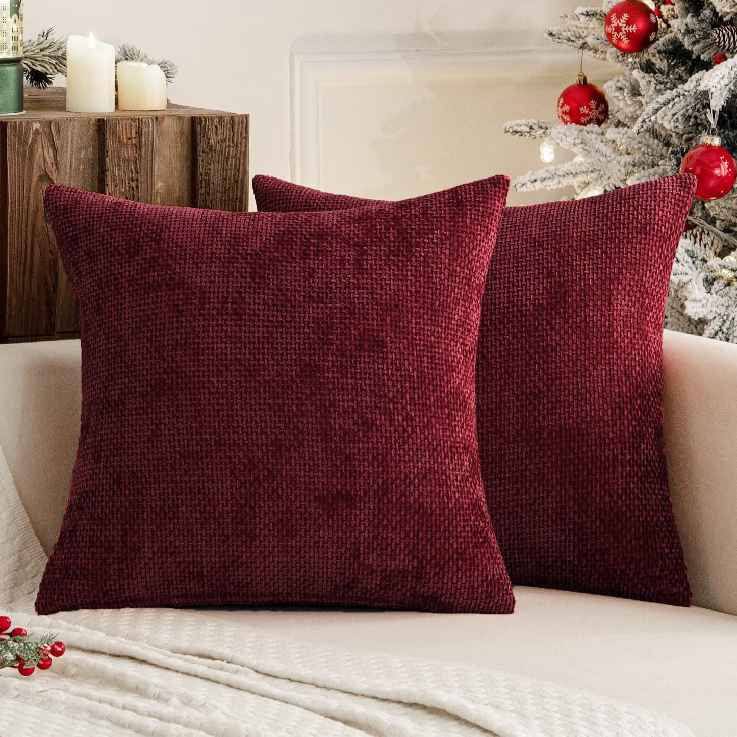 Dark Red Plush Chenille Cushion Covers Set of 2 - Soft Textured Decorative Throw Pillow Cases for Sofa Couch, 45x45cm - STripleB 